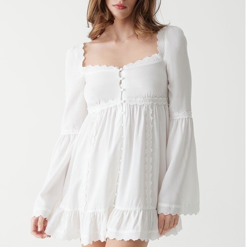 White Lace Trim Square‎ Neck Bell Sleeve Babydoll Mini Dress Frankies Sunflower